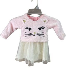 Little Lass Girl Dress Pink White Gold Sparkles Tutu 1pc Fuzzy Kitty Cat Top 12M